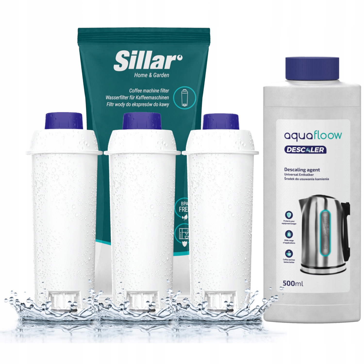 3× vodné filtre Sillar SIL001 pre kávovar Delonghi + AquaFloow univerzálny odstraňovač vodného kameňa pre kávovar - 0,5l